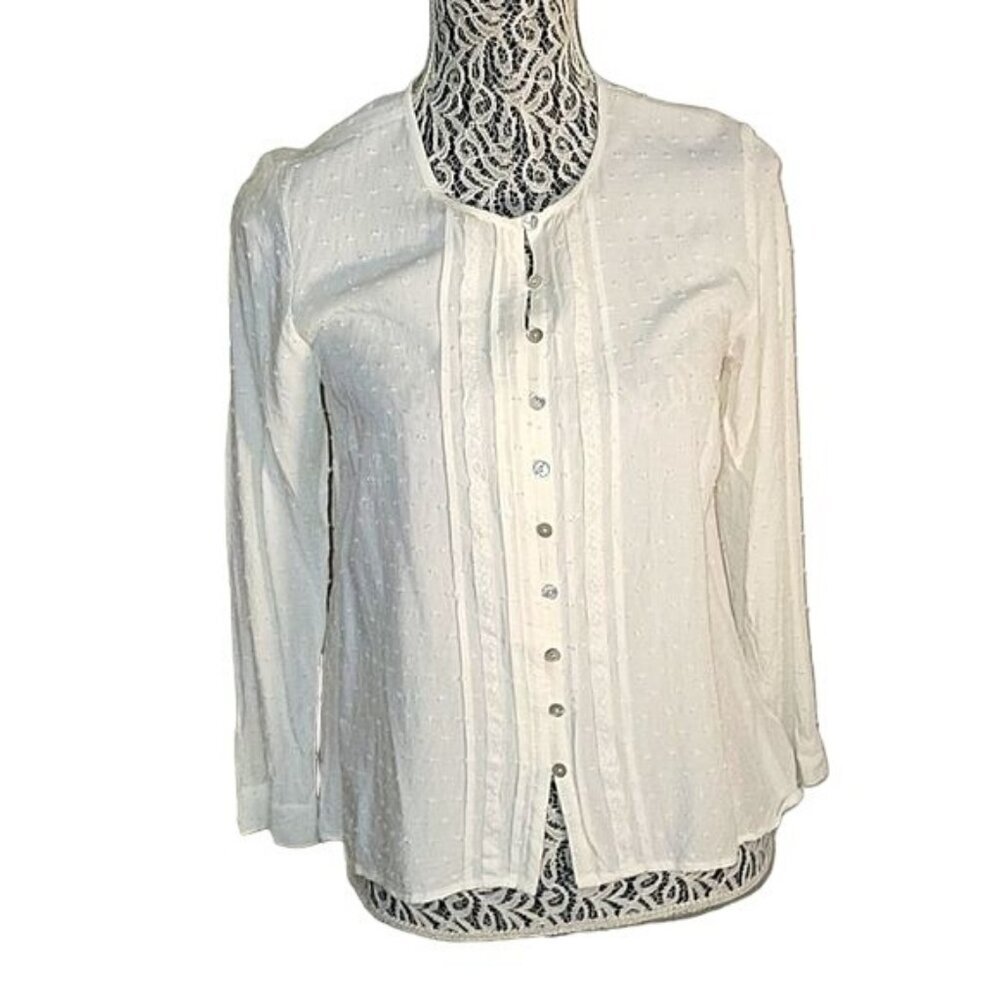 J. Jill White Swiss Dot Pintuck Button Front Blouse Petite Small Long Sleeve